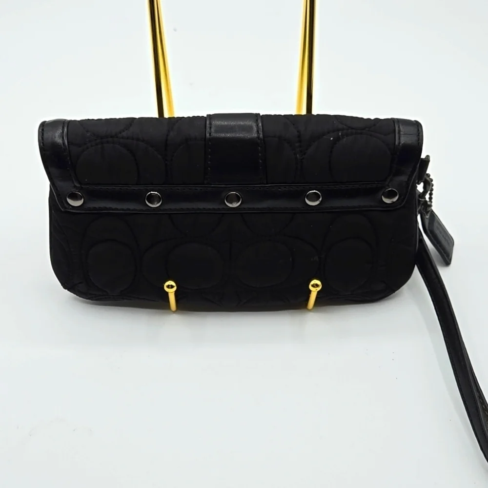 COACH Wristlet Puffer Black Material w/ Signature C Print Chrome Belt Closure